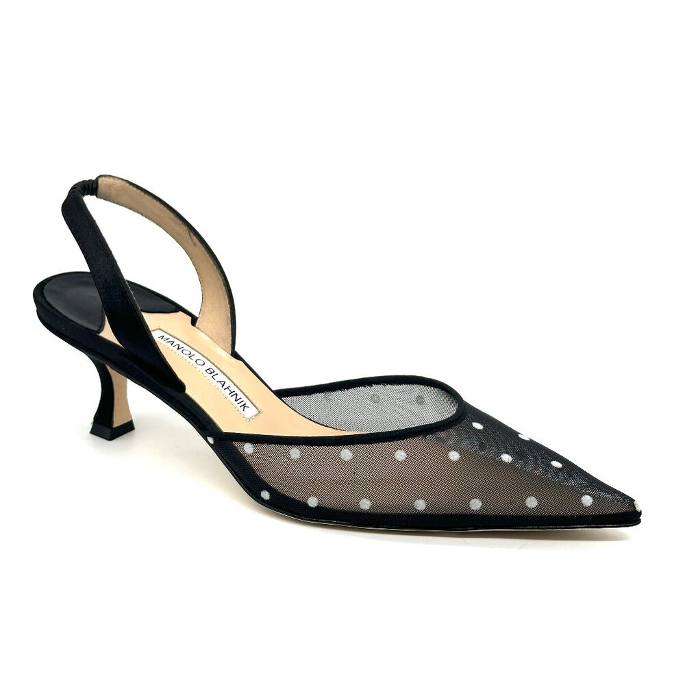 Manolo Blahnik CAROLYNE Polka Dot Mesh Satin Slingback Pumps Sandals Heels - Picture 8 of 16